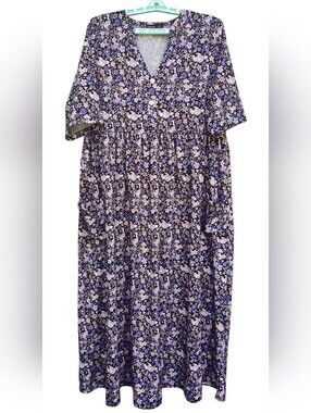 Noracora Black Purple Blue Ditsy Floral Empire Waist Pocket Maxi Dress Size XL